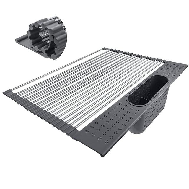 Sink Roll Up Dish Drying Rack Large Over The Sink Dish with Utensil Holder Foldable Sink Rollable Rack for Kitchen Sink Counter [Dark Grey, 20"x 15"]