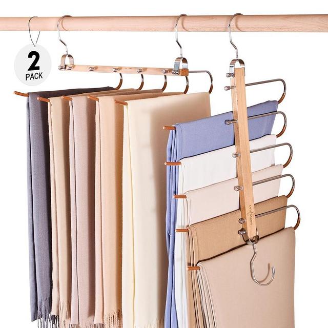HOUSE DAY Pants Hangers Space Saving, Wood Jean Hangers for Closet, Non Slip Multi functional Pants Rack Hanger Multiuse Pant Organizer For Closet Space Saving Hangers for Pants, Scarfs(2PACK,Natural)