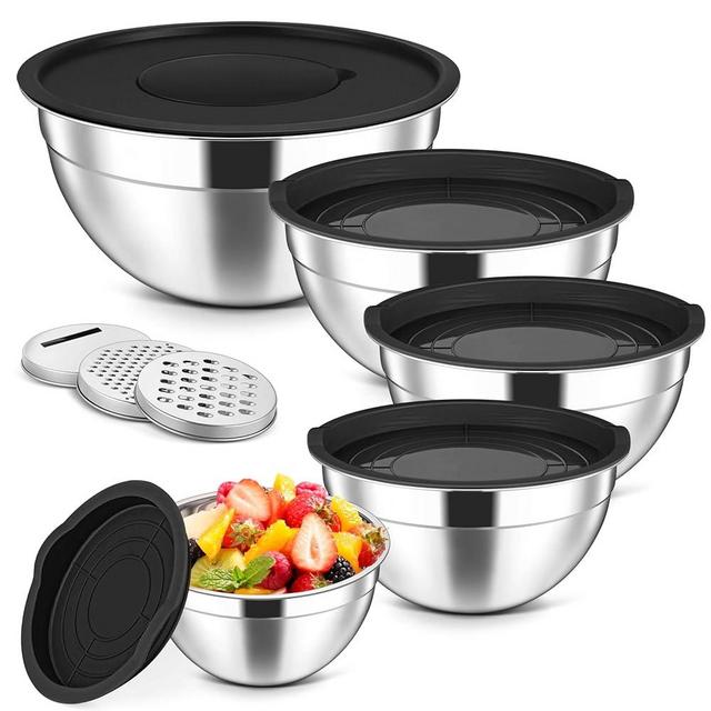Herogo 5-Piece Mixing Bowls with Airtight Lids, 3 Grater Attachments, Stainless Steel Salad Serving Bowls for Kitchen, Size 4.6, 3.5, 2.5, 2, 1.5QT Ideal for Prepping & Cooking, Black