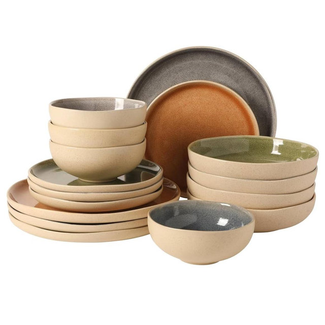 Gibson Elite Manila Bay 16-Piece Stoneware Dinnerware Set, Service for 4, Reactive Glaze Modern Artisan Plates, Bowls & Mugs, Assorted Colors, Round Design