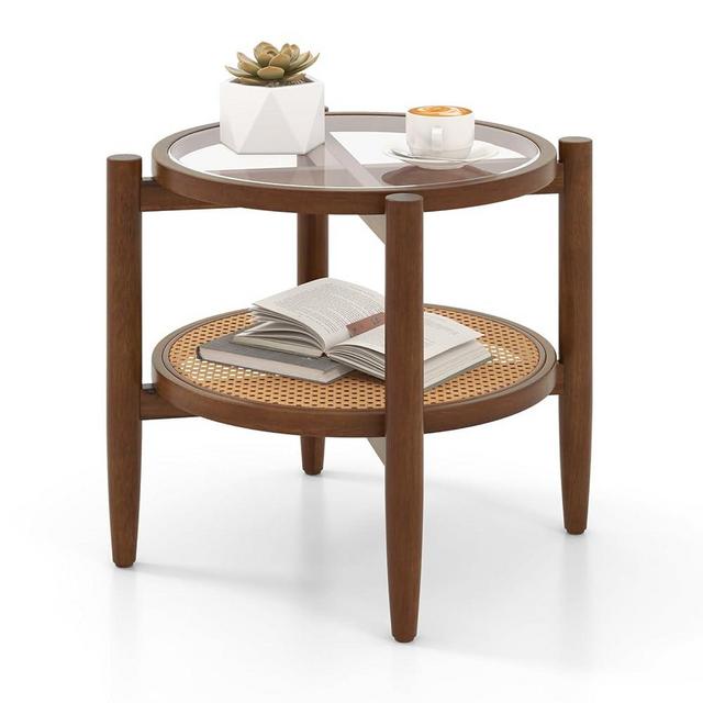 Giantex Rattan Round End Table, Walnut Boho Nightstand with Tempered Glass Top and Acacia Wood Legs, 2-Tier Side Table with Storage, Bedside Tables for Small Spaces Living Room Bedroom