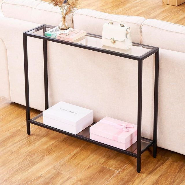 MAJARO Small Modern Console Table for Entryway, Tempered Glass with Metal Frame Sofa Table for Living Room, Hallway, Office (Double-Layer, Black)