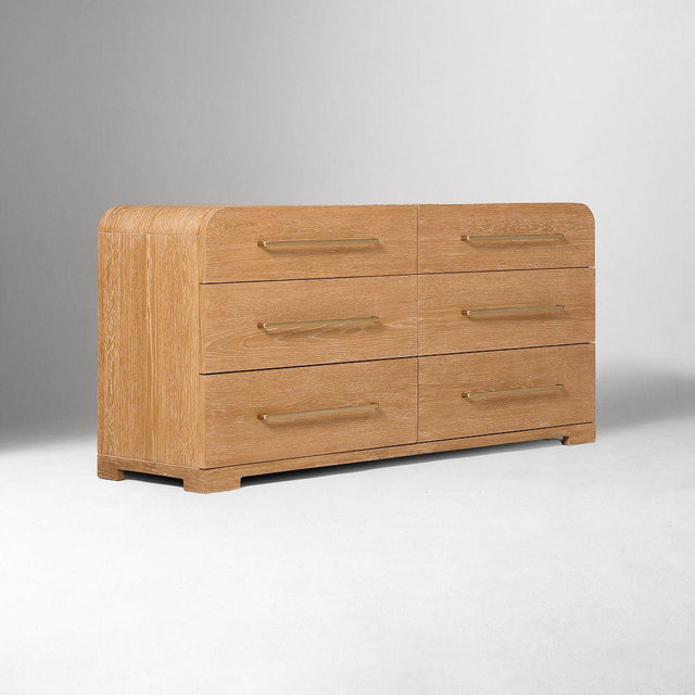 Ava 64" 6-Drawer Dresser, Warm Cerused, Champagne Bronze