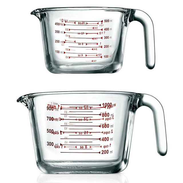 NutriChef Glass Measuring Cups, Set of 2 0.5 Qt and 1 Qt Heat Resistant Stackable Measuring Cups with Measurements in Cups, Ounces, and Milliliters, Microwave & Dishwasher Safe, Easy-Pour Spout