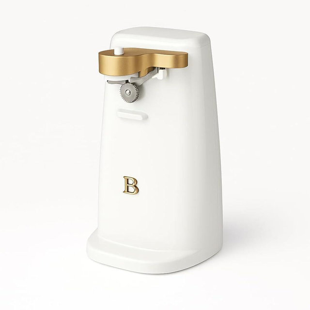 Bayfalcon LLC Electric Can Opener with One-Touch Operation, Smooth Rotation, Built-In Lid Magnet, Compact Countertop Design, Easy-Prep Kitchen Tool in White and Gold Finish
