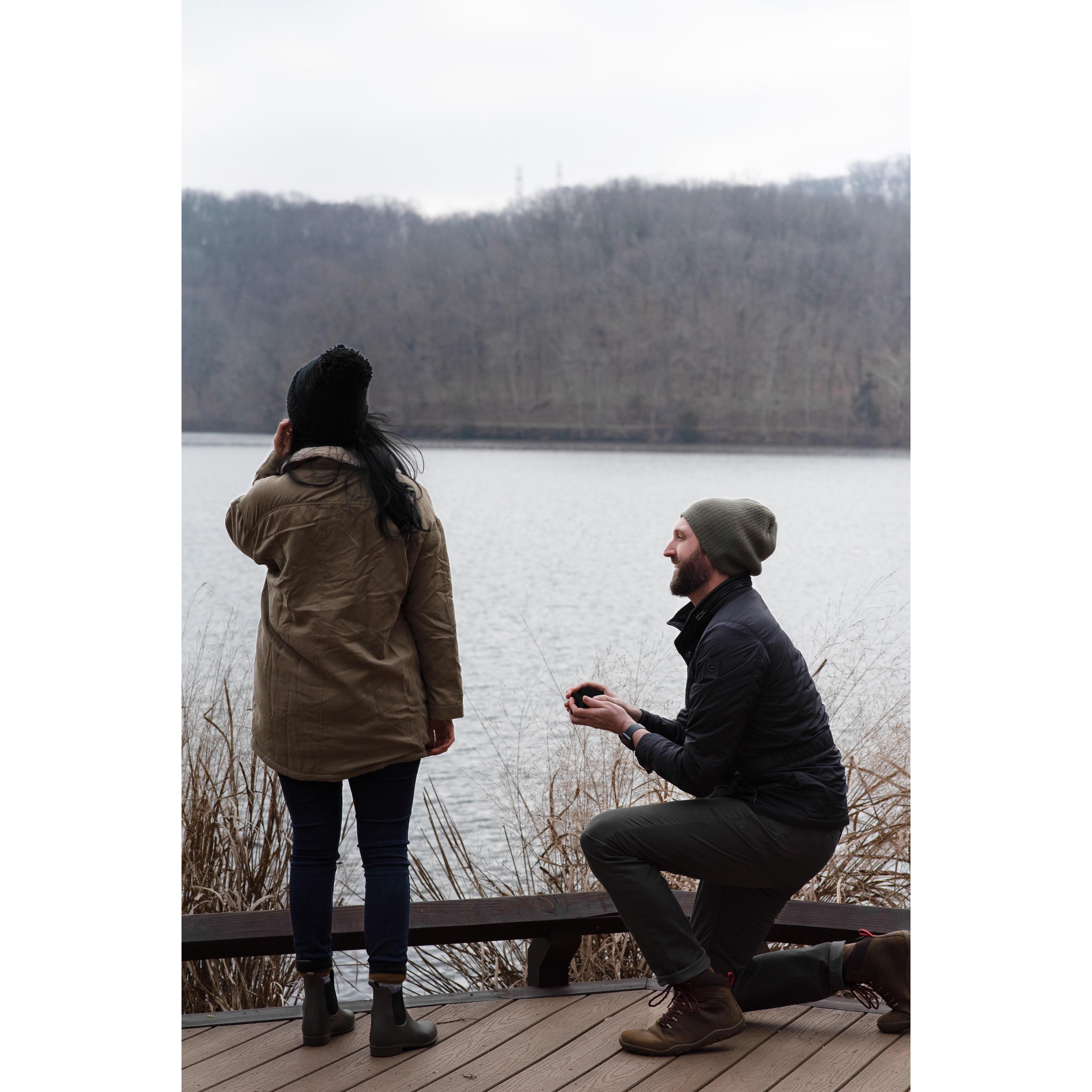 The proposal at Radnor Lake. 
Dane is trying to get Andrias attention, but she is very preoccupied looking for Blue Herons.