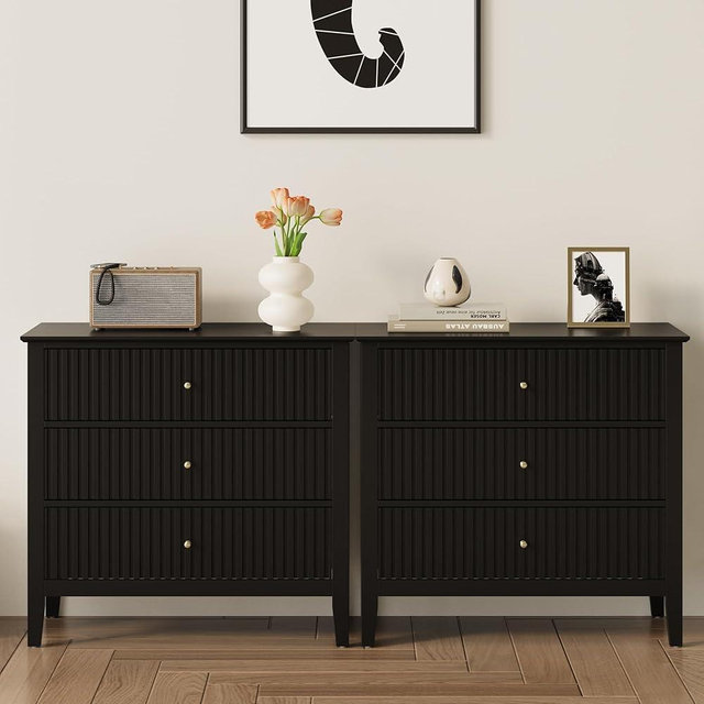 RoyalCraft 32" Large Nightstand Set of 2, Fluted Painted Bedside Table with 3 Spacious Drawers, Modern Tall End Table for Bedroom, Black