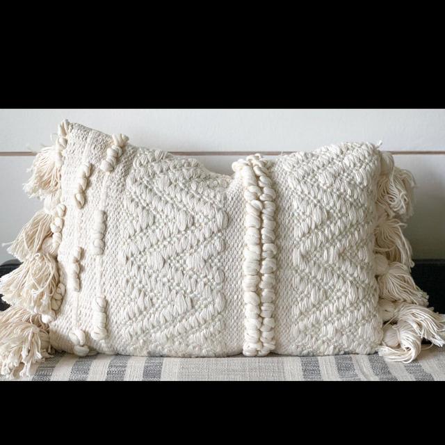 Textured Lumbar Pillow w/ Pom Poms & Tassels 14″L x 9″H