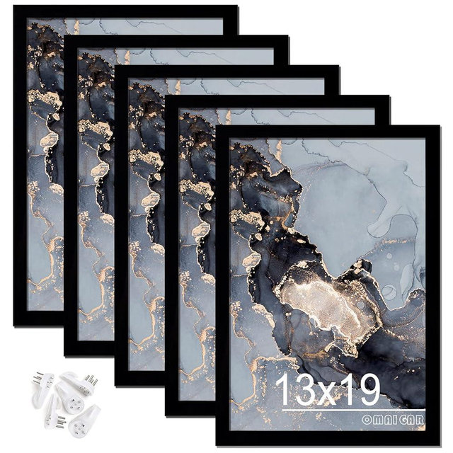 OMAIGAR 13x19 Picture Frame Set of 5, Black Poster Frames for 13 by 19 Poster Photo Canvas Certificate, High Transparent Acrylic Frame on Wall Desktop Horizontal Vertical 13 x 19