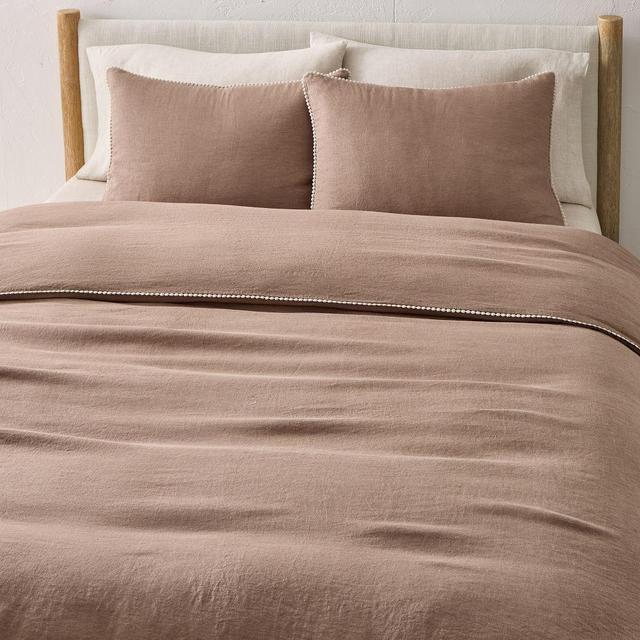 European Flax Linen Pom Pom Duvet, King/Cal.King, Mulberry
