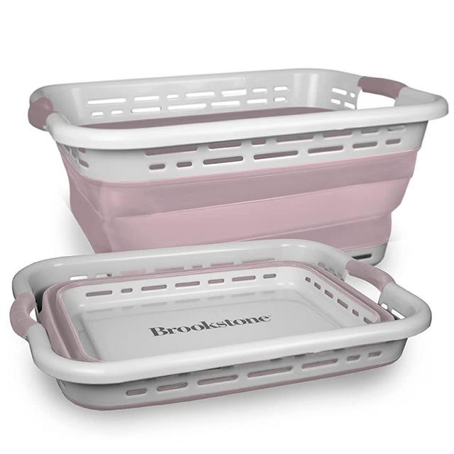 BROOKSTONE, 1 UNIT, 24" Collapsible Laundry Basket, Comfort Grip Handles, Smart Space Saving Structure, Portable Pop Up Storage Box, only 3 Inches High When Folded, Blush