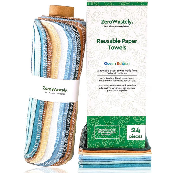 Reusable Paper Towels - Value Pack of 24 Paperless Paper Towels! - 100% Cotton, Super Soft, Absorbent, Washable and Made To Last