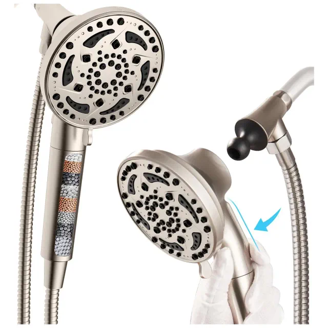 Cobbe Filtered Shower Head with handheld, High Pressure 7-mode Showerhead with Hose, Bracket, Water Softener Filters Beads, Brushed Nickel