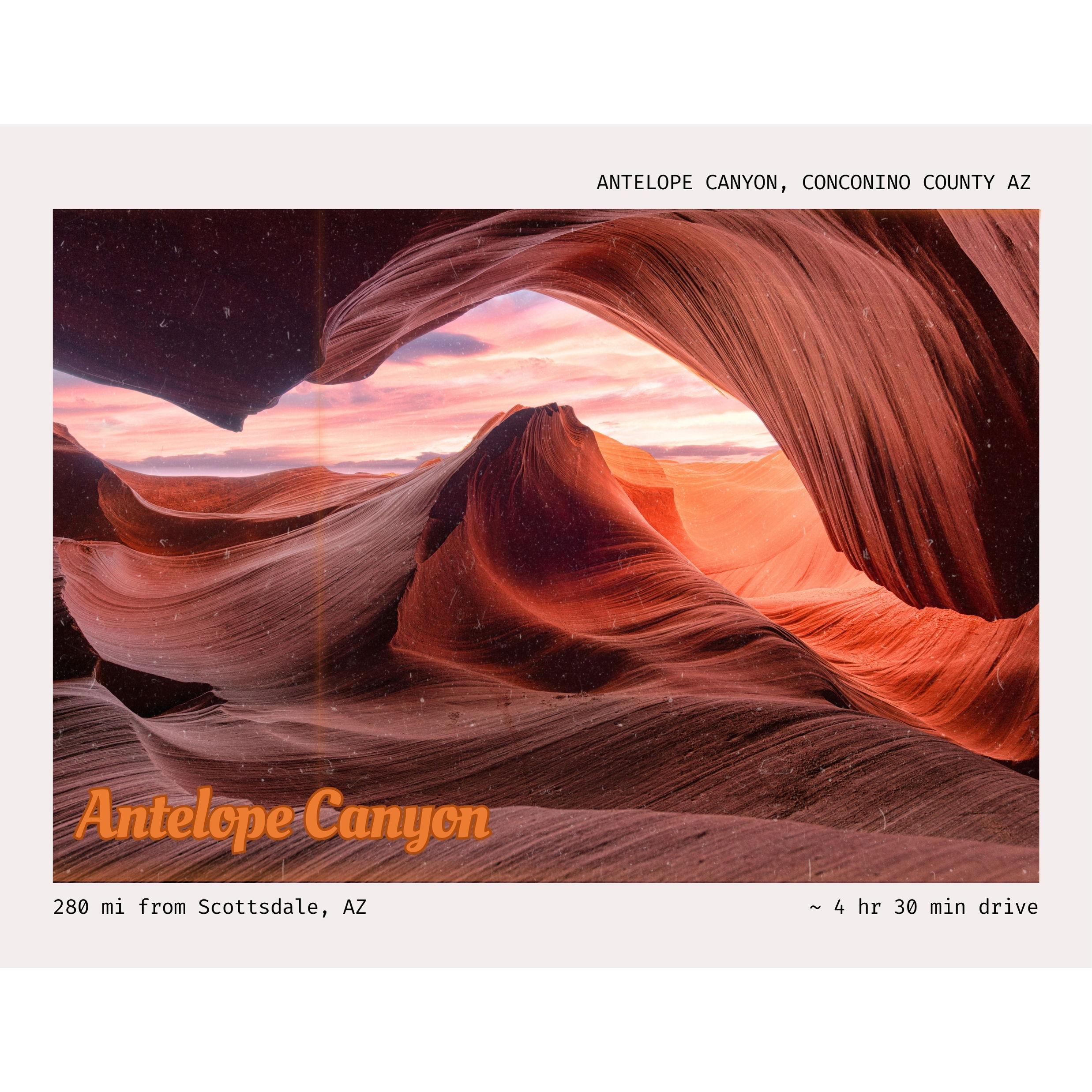 A longer drive from Scottsdale, Antelope Canyon is Arizona's most famous slot canyon. It was formed by flash floods that carved smooth red sandstone into winding, light-filled passageways.