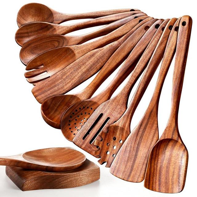 Wooden Spoons for Cooking, 12 Pcs Nonstick Wooden Cooking Utensils Set with Comfort Grip – 100% Natural Teak Wood - Sturdy, Lightweight & Heat Resistant Kitchen Utensils