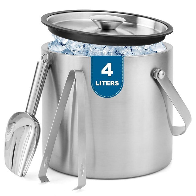 Yeatruojeet Ice Granule Bucket Double Wall Ice Bucket with Lid,Scoop,Tongs- Inner Layer 304 Stainless Steel Ice Container Keep Ice Frozen Longer- Ideal for Cocktail Bar,Parties (4L)