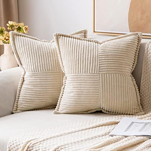 MIULEE Corduroy Pillow Covers with Splicing Set of 2 Super Soft Boho Striped Pillow Covers Broadside Decorative Textured Throw Pillows for Spring Couch Cushion Livingroom 26x26 inch, Beige