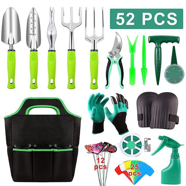 52 Pieces Garden Tools Set, Heavy Duty Gardening Tools with Non-slip Rubber Handle, Durable Storage Tote Bag, Pruning Shears, Knee Pads, Garden Gloves, Plant Labels, Gardening Supplies Gifts for Women