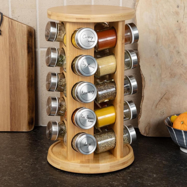 Orii 20 Jar Bamboo Spice Rack with Spices Included - Rotating Tower Organizer for Kitchen Spices and Seasonings, Free Spice Refills for 5 Years (Bamboo Wood)