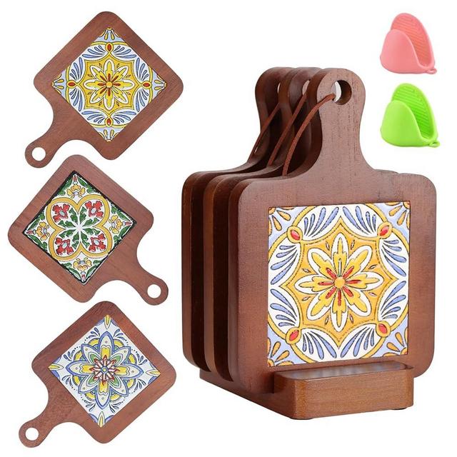 Wooden Trivets for Hot Dishes，3-PCS Set of Wooden Non-Slip Coasters with Stand and 1 Pair of Oven Mitts，Base is Also a Cell Phone Holder，hot Pads for Kitchen，Trivets for hot pots and Pans，Table Decor