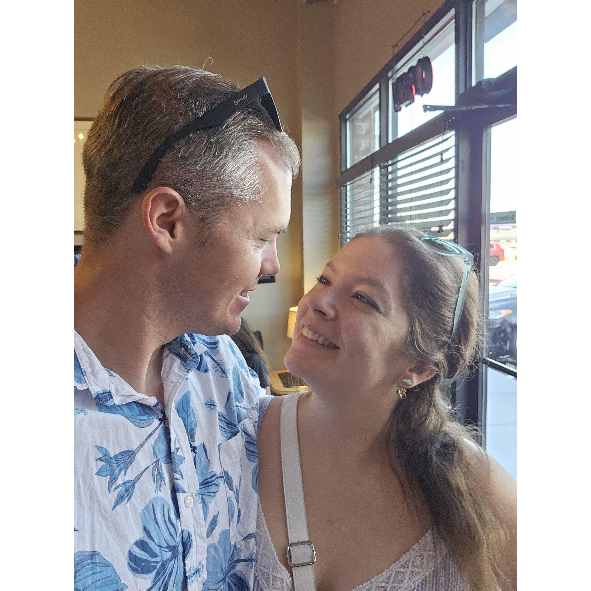 Matching blue and white on another cute coffee shop date.