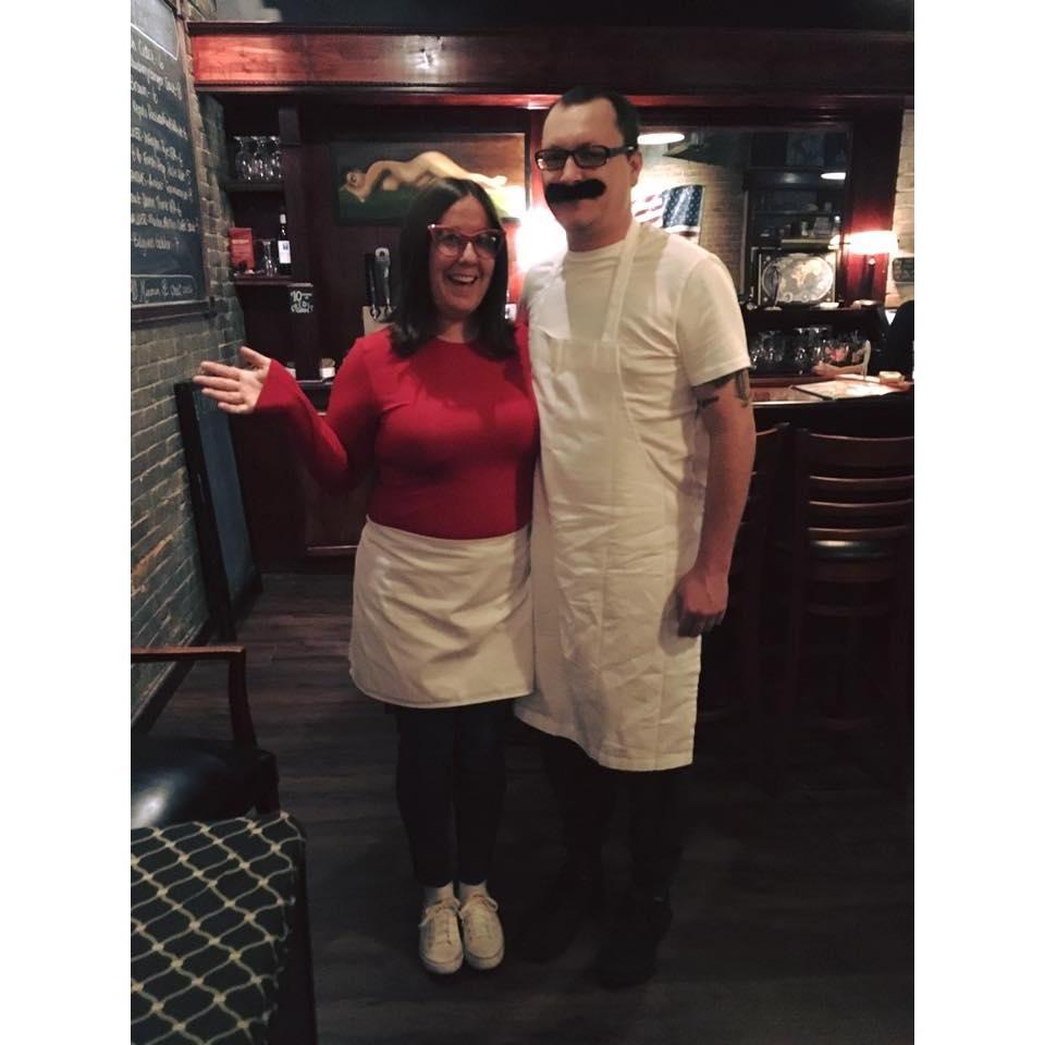 Dressing up as Bob and Linda from Bob's Burgers for Halloween.