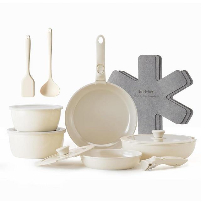 Redchef 16pcs Ceramic Pots and Pans Set Non Stick, Nonstick Kitchen Cookware Set with Detachable Handle, Non Toxic, PFAS PFOA & PTFE Free, RV Ceramic Cookware Set for Camping, Dishwasher/Oven Safe