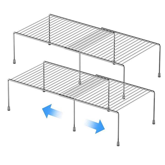 GEDLIRE Expandable Kitchen Cabinet Shelf Organizers, Heavy Duty Adjustable Counter Organizer Metal Wire Spice Rack, Freezer Storage Shelf for Cabinets, Pantry, Bathroom, Fridge, Set of 2, Chrome
