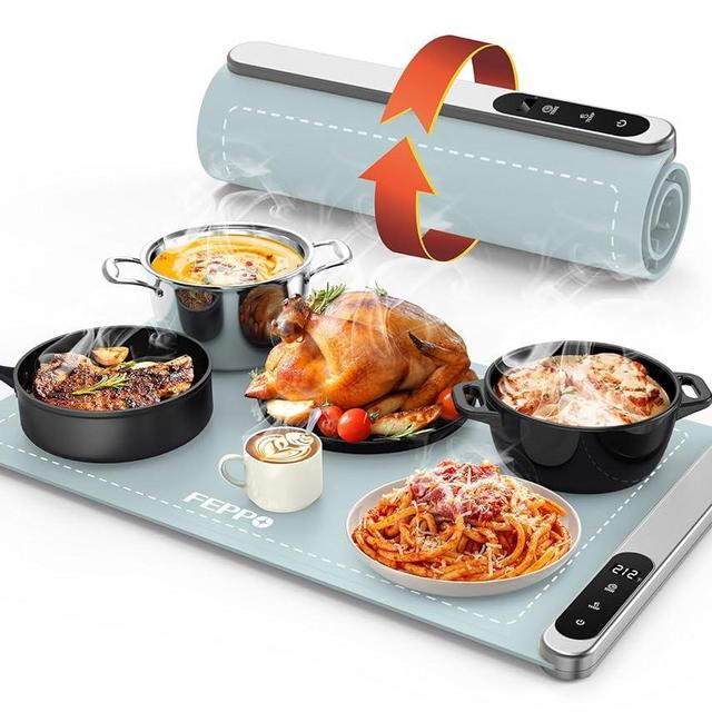 FEPPO Food Warming Mat, Upgrade High-tech Graphene Heating Film, Fast Full Surface Heating Mat with 6 Level Adjustable Temperature and 6 Hours Timer, Roll Up Food Warmers for Parties Buffet