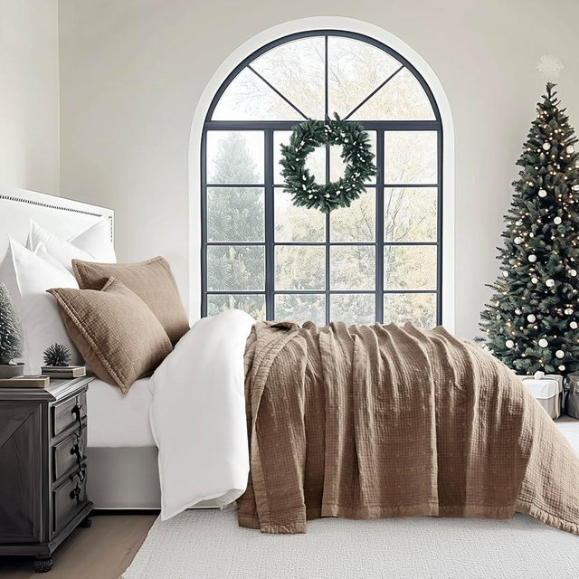 EVERGRACEHOME Stonewashed Cotton Quilt Set Queen Size, Ultra Soft Oversized Bedspread Coverlet Set, Lightweight Crinkle Box Stitch Bedding Sets for All Season, with 2 Matching Shams, Mocha Brown