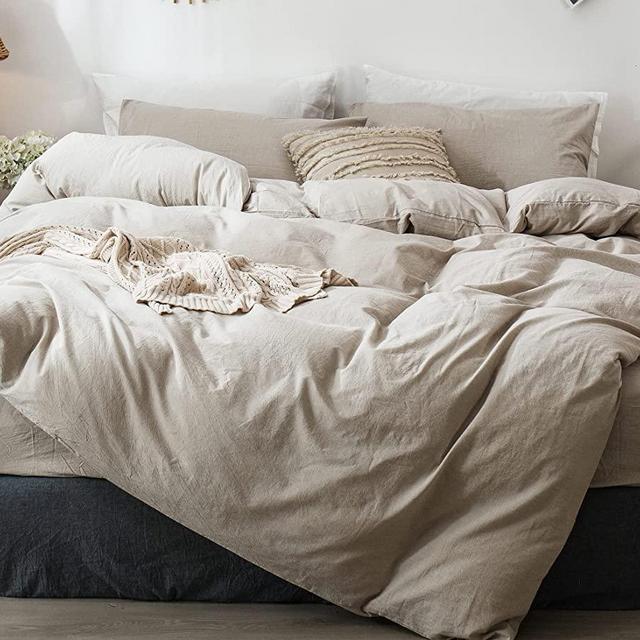 MooMee Bedding Duvet Cover Set 100% Washed Cotton Linen Like Textured Breathable Durable Soft Comfy (Tannish Linen Grey, Oversized King)