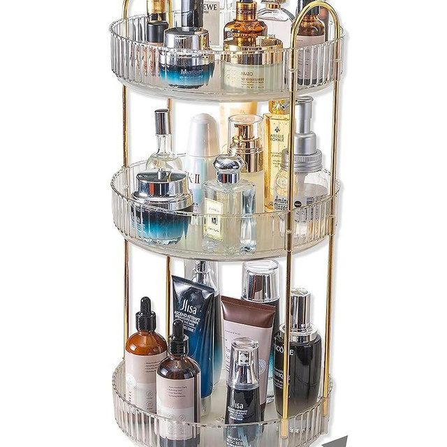 Asayuee 360 Rotating Makeup Organizer,2 Tier Large Capacity Make Up Organizers and Storage,Skincare Perfume Vanity Organizers,Bathroom Cosmetics Storage Organizer Countertop (Clear-3 Tier)