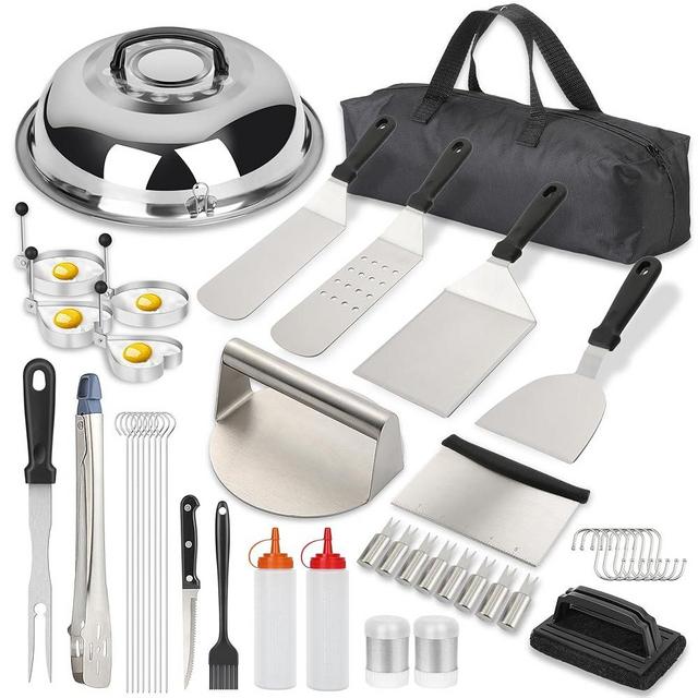 45 Pcs Griddle Accessories Kit, Flat Top Grill Accessories Set for Blackstone and Camp Chef, Griddle Grill Tools Set,w/Carry Bag, Enlarged Spatulas, Basting Cover, Scraper for Outdoor Barbecue(Silver)