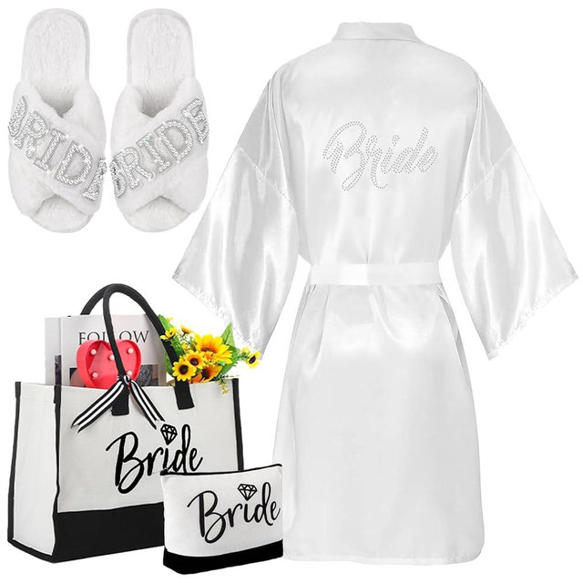 Bunnycool 4 Pcs Bridal Shower Gift Set Include Bride Robes White Slippers Canvas Tote Bag Makeup Bag for Bride Wedding Party