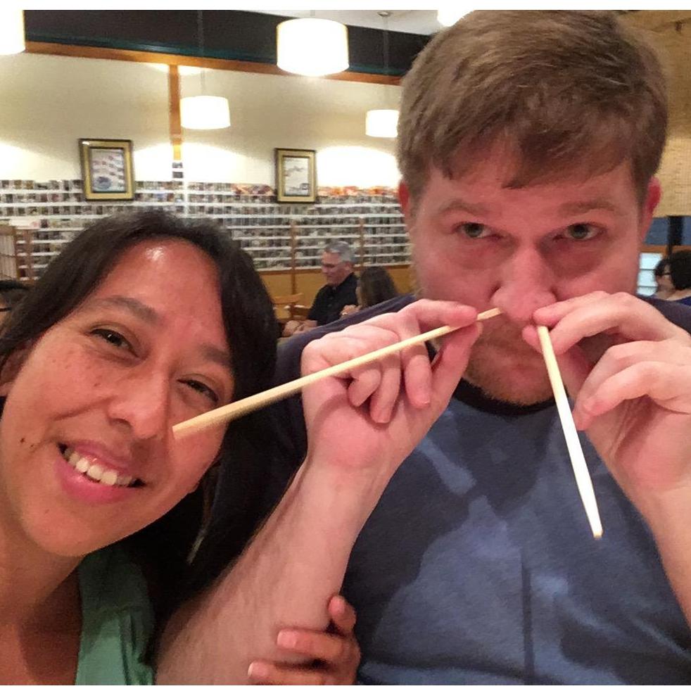 Hope's 38th birthday. Nathan is using the chopsticks wrong.