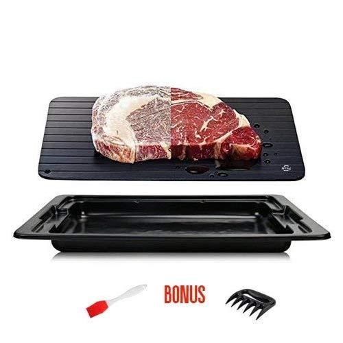 BeChef Defrosting Tray | Thawing Plate for Fast defrosting of frozen foods | With Drip tray, silicone basting brush and shredding claws | No Electricity, No Chemicals, No Microwave | Premium Quality