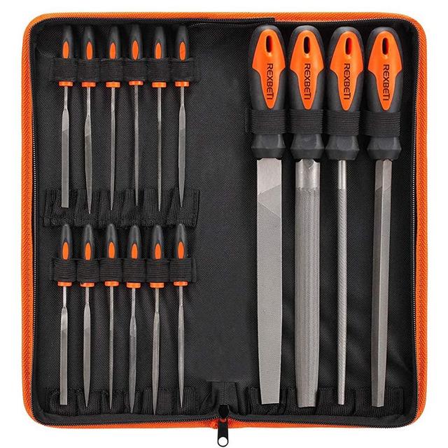 REXBETI 16Pcs Premium Grade T12 Drop Forged Alloy Steel File Set with Carry Case, Precision Flat/Triangle/Half-round/Round Large File and 12pcs Needle Files, Soft Rubbery Handle, Perfect Shaping Tool