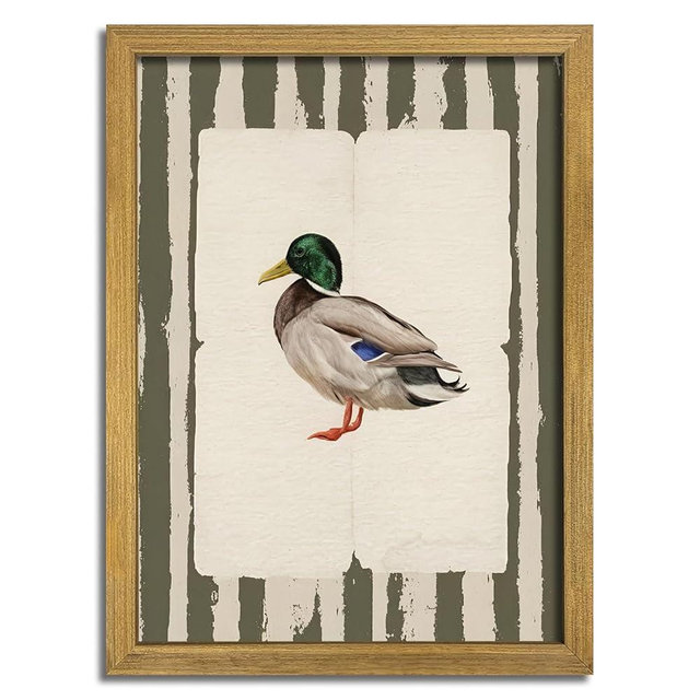 Vintage Framed Duck Wall Art Print, Rustic Mallard Bird Illustration Canvas Poster, Cottagecore Animal Artwork, Farmhouse Nature Wall Decor for Living Room Kitchen Bathroom Bedroom 12x16 inch