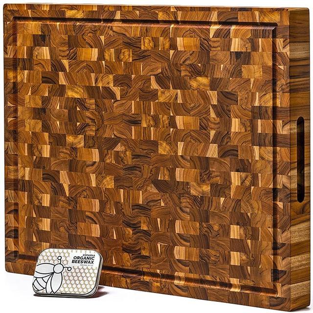 Extra Large End Grain Butcher Block Cutting Board [2" Thick] Made of Teak Wood, Beeswax, Linseed & Lemon Oil. 24" x 18" by Ziruma