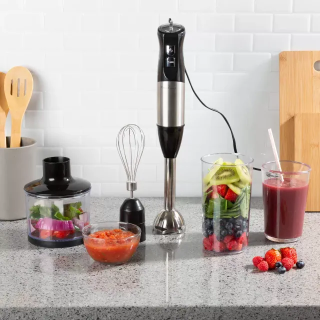 6-Speed Immersion Blender - 4-in-1 Hand Mixer with Whisk, Food Processor Cup, and 32oz Beaker for Soup, Smoothies, and More by Classic Cuisine