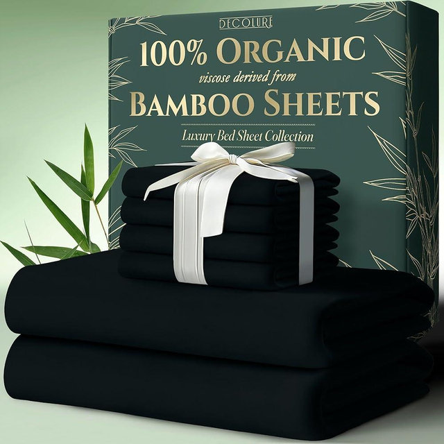 DECOLURE 100% Organic Viscose Derived from Bamboo Sheets Full Size 6pcs - Ultra Soft & Luxuriously Cooling, 17" Deep Pocket, Double Stitching, Perfect for Hot Sleepers - Full Bed Sheets (Black)