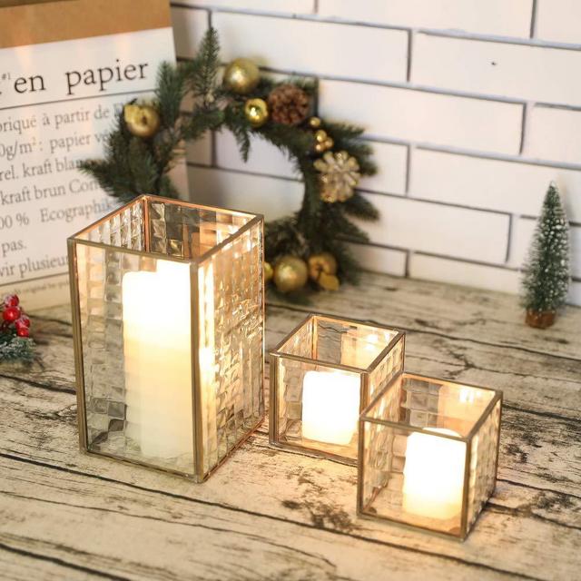 JHY DESIGN Set of 3 Copper Frame with Texture Glass Hurricane Candleholder Lantern Decorative Box Plant Terrarium Tabletop Curio Case/Shadow Box Great for Home Decor and Wedding (Copper)