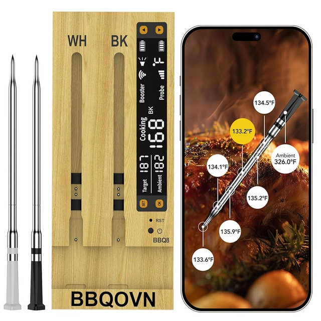 BBQOVN WiFi Sub-1G Wireless Meat Thermometer Unlimited Range 7 NIST Certified Sensors with Ambient Temp 2 Temp Monitoring Ways Digital Smart Base and App for BBQ, Smoker, Grill, Oven (2, black, small)
