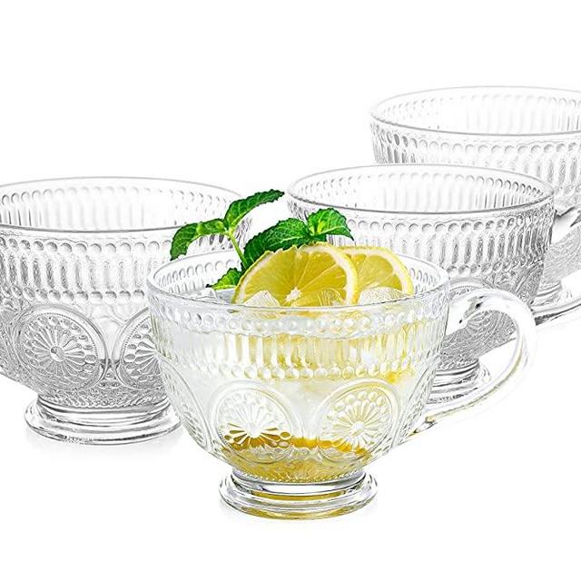 LUXU Vintage Glass Coffee Tea Mugs(Set of 4)-Wide Mouth-16 oz-Large Coffee Tea Cups,Clear Glass Breakfast Soup Mugs,Lead-free Drinking Glassware for Water,Milk,Cappuccino,Dessert,Beverages