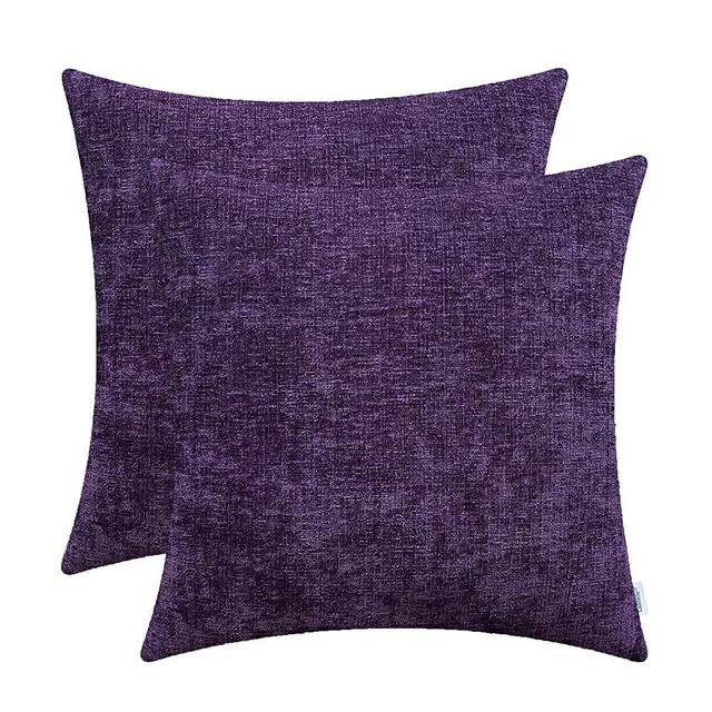CaliTime Pack of 2 Cozy Throw Pillow Covers Cases for Couch Sofa Home Decoration Solid Dyed Soft Chenille 24 X 24 Inches Plum Purple