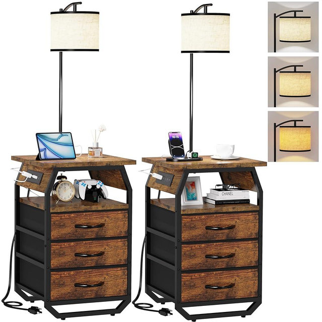 runjuly Floor Lamp with Table Set of 2, End Tables with Lamps Attached 3-Color Temperature Bulb, Side Table with Lamp with 3 Drawers & Charging, Lamps Tables Combo for Bedroom, Dorm - Rustic Brown
