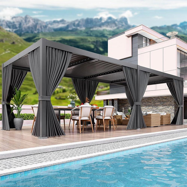LEVELEVE 10' x 20' Louvered Pergola with Adjustable Roof, Outdoor Metal Patio Gazebo with Curtains & Netting, Gutter System, Large Hardtop Canopy for Garden, Deck, Backyard