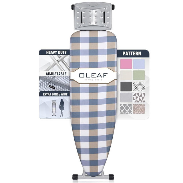 oleaf Ironing Board with Cover and Thicken Pad 43 x 13 Height Adjustable Full Size Foldable Iron Board with Iron Rest, Stable Steel Legs, Metal Construction, Heat Resistant, Blue and Yellow Checkered