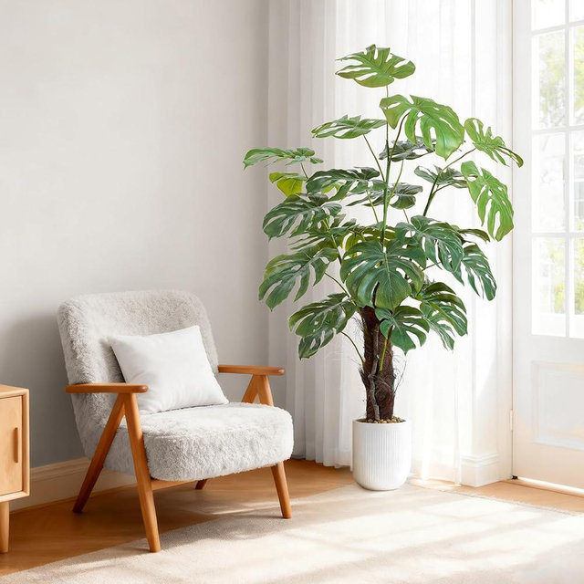 ilitphke 48 Inches Artificial Monstera Deliciosa Plant 4ft Fake Swiss Cheese Potted Faux Tropical Floor Plants, Potted Faux Tree for Home Office Living Room Decor