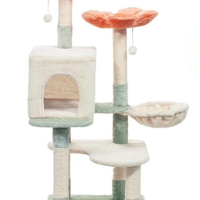 HYABi 48 inch Hanging Basket Flower Cat Tree Tower Condo Furniture Apartment Plush Habitat Kitten Amusement Platform with Scratch Posts Toy Ball Pet House Play (Large 48" H)